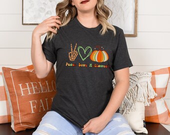Peace Love Halloween TShirt Hippie Retro Halloween T-Shirt 70er Jahre Stil Spooky Saison T-shirt Lehrer Halloween Shirt Herbst Rundhals-Shirt
