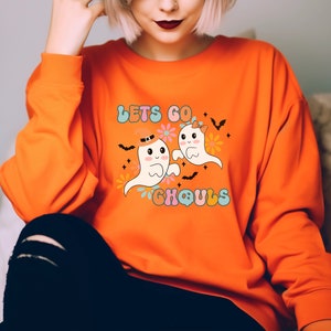 Sudadera con capucha retro Let&#39;s Go Ghouls Ghosts para Halloween, suéter de profesor de temporada espeluznante, sudadera de fantasmas para mujer, regalo espeluznante de otoño para Halloween