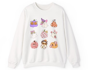 Retro Halloween Sweatshirt, süße Geister und Kürbisse, 70er Jahre inspirierte Herbstmode, Peace Zeichen Schattierungen, Blumenkrone, Gruseliges Saison Liebhaber Geschenk,