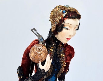 OOAK Art Doll Sculpture: Handmade Fantasy Figurine with Snails