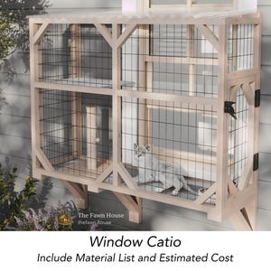 May include: A wooden window catio, a cat enclosure, attached to a house. The catio has a light wood frame with wire mesh sides and a door. A gray cat is inside the catio. The text "Window Catio" is below the image.