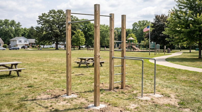 May include: Outdoor wooden workout structure with pull-up bars, parallel bars, and a ladder. The structure is set in a grassy park with picnic tables, a playground, and an American flag waving in the background.