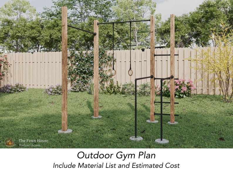 May include: An outdoor gym plan featuring wooden posts, pull-up bars, gymnastic rings, and a ladder structure. The plan includes a material list and estimated cost. The gym is set on a grassy lawn with a wooden fence in the background.