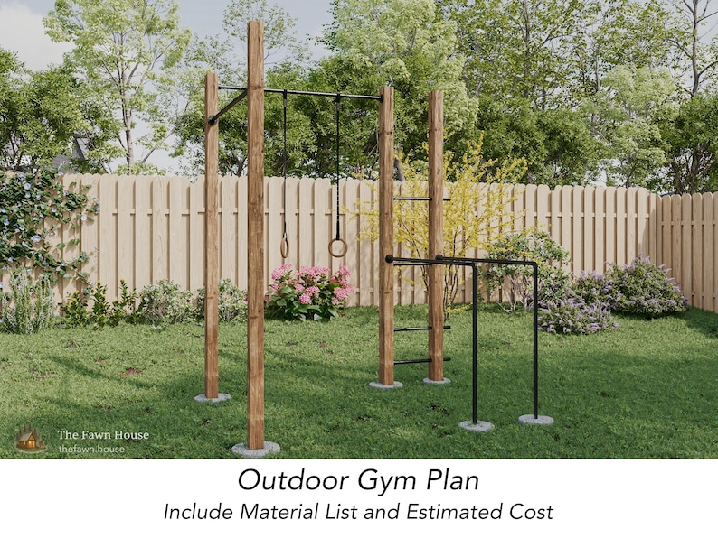 May include: An outdoor gym plan featuring wooden posts and black metal bars, rings, and a ladder. The gym is set on a green lawn with a wooden fence and lush greenery in the background. The text "Outdoor Gym Plan" is visible.