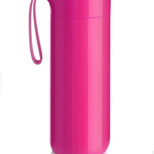 May include: A pink insulated travel mug with a handle. The mug has a smooth, glossy finish.