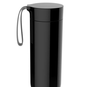 May include: A black travel mug with a gray handle. The mug has a sleek, modern design.