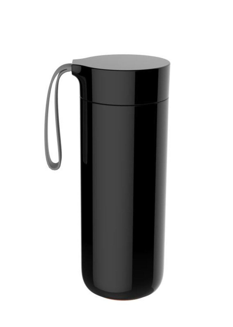 May include: A black travel mug with a gray handle. The mug has a sleek, modern design.