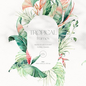 tropical leaves clipart, watercolor flowers, watercolor floral frames, greenery clipart, palm leaves clipart, tropical print, frame clipart