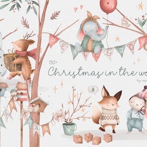 Digitale kerstillustraties voor kinderen. Leuke en schattige dierenfiguren en feestelijke vakantiedecoratie