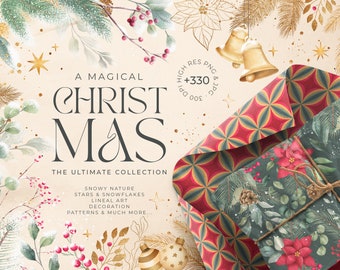 Watercolor Christmas clipart bundle with florals, abstract elements, decoration and more