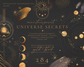 Universe Secrets gold & black watercolor clipart collection