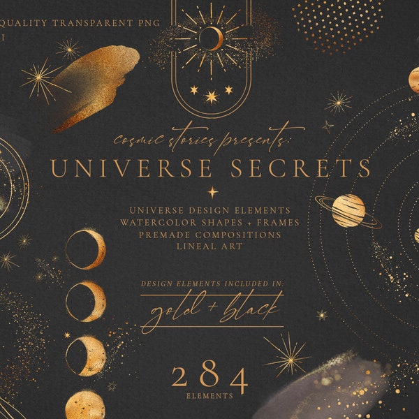 Universe Secrets gold & black watercolor clipart collection