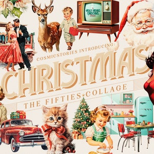 コラージュクリエイター 50 年代のクリスマス。レトロな人々、クリスマスデコ、サンタクロースを含む、50年代のビンテージ切り抜き画像。デジタルコラージュクリップアート