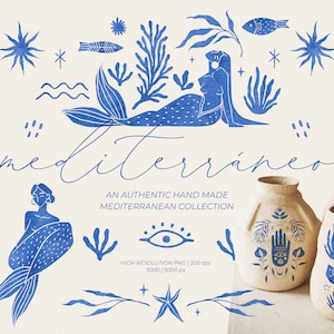 May include: A digital illustration with a Mediterranean theme. It features blue mermaid figures, floral and sea life motifs, and decorative vases. The text "mediterráneo" is displayed in a script font, along with the phrase "AN AUTHENTIC HAND MADE MEDITERRANEAN COLLECTION."