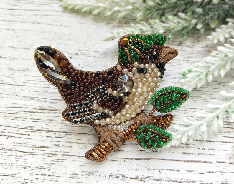 girlfriend gift sparrow beaded brooch Bird brooch pin