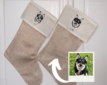 Pet Portrait Christmas Stocking, Custom gift, Burlap Xmas Decoraction, Personlaised Animal Drawing, Dog, Cat Horse etc