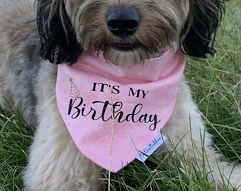Birthday Dog Bandana: Pink Cotton Over-the-Collar or Snap