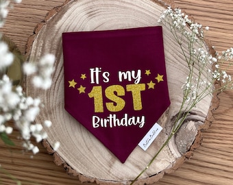 Personalized Dog Birthday Bandana: Custom Age Gold Glitter, Over Collar or Snap Fastening