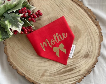 Christmas Dog Bandana, Custom Gold Name and Bow, Personalised Red Xmas Pet Accessory