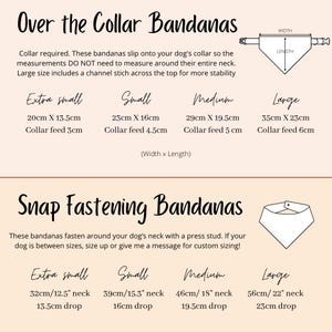 K&ouml;nnte beinhalten: Eine Informationstabelle zur Gr&ouml;&szlig;enbestimmung von Halsband-Bandanas und Bandanas mit Druckknopfverschluss. Der Text listet Ma&szlig;e in Zentimetern und Zoll f&uuml;r die Gr&ouml;&szlig;en extra klein, klein, mittel und gro&szlig; auf, einschlie&szlig;lich Angaben zur Halsband&ouml;ffnung.