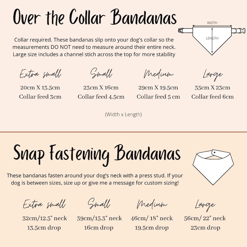 K&ouml;nnte beinhalten: Eine Informationstabelle zur Gr&ouml;&szlig;enbestimmung von Halsband-Bandanas und Bandanas mit Druckknopfverschluss. Der Text listet Ma&szlig;e in Zentimetern und Zoll f&uuml;r die Gr&ouml;&szlig;en extra klein, klein, mittel und gro&szlig; auf, einschlie&szlig;lich Angaben zur Halsband&ouml;ffnung.