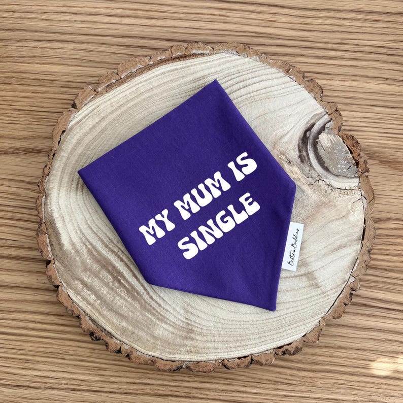 K&ouml;nnte beinhalten: Ein violettes, dreieckiges Haustierhalstuch mit dem wei&szlig;en Text MY MUM IS SINGLE in einer fetten, wellenf&ouml;rmigen Schriftart. Ein kleines wei&szlig;es Stoffetikett mit schwarzem Text ist an der rechten Seite des violetten Stoffes befestigt.