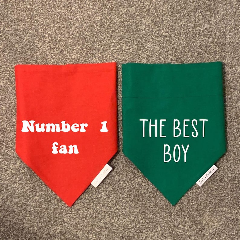 Custom Dog Bandana: Personalised Pet Announcement, Design Your Own, Over-the-Collar or Snap Red
