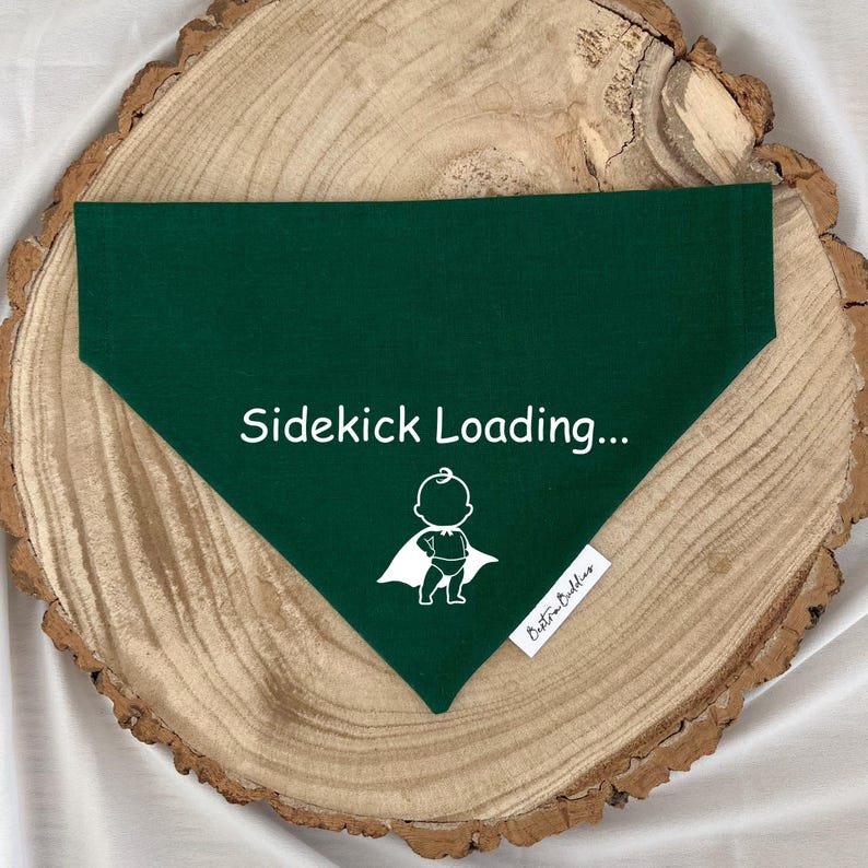 K&ouml;nnte beinhalten: Ein dunkelgr&uuml;nes, dreieckiges Haustierhalstuch mit dem wei&szlig;en Schriftzug "Sidekick Loading..." &uuml;ber einer wei&szlig;en Grafik eines Babys mit Superheldenumhang. An der unteren rechten Kante befindet sich ein kleines wei&szlig;es Stoffetikett mit "Bestie Buddies".