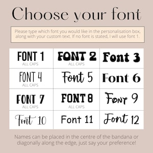 K&ouml;nnte beinhalten: Eine Schriftart-Auswahltabelle mit zw&ouml;lf verschiedenen schwarzen Schriftstilen, beschriftet von Font 1 bis Font 12. Die Tabelle enth&auml;lt Anweisungen, die gew&auml;hlte Schriftart und den benutzerdefinierten Text in das Personalisierungsfeld einzugeben.