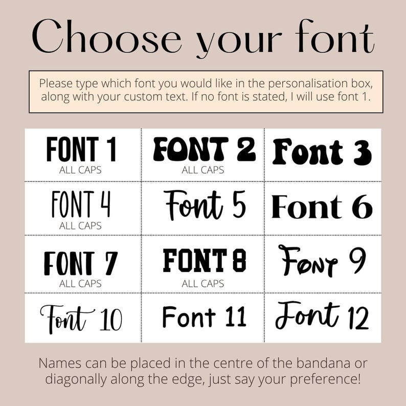 K&ouml;nnte beinhalten: Eine Schriftart-Auswahltabelle mit zw&ouml;lf verschiedenen schwarzen Schriftstilen, beschriftet von Font 1 bis Font 12. Die Tabelle enth&auml;lt Anweisungen, die gew&auml;hlte Schriftart und den benutzerdefinierten Text in das Personalisierungsfeld einzugeben.