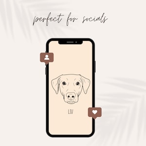 May include: A smartphone screen displaying a line drawing of a dog's head with the name "LIV" below it. The screen also shows a brown heart icon and a brown person icon.