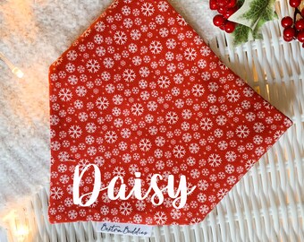 Snowflake Dog Bandana, Personalised With Name, Red Christmas Pet Accessory