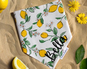 Personalised Lemon Dog Bandana, Summer Pet Scarf, Matching Scrunchie Set, Snap Fastening or Over the Collar