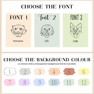 May include: A graphic design template for a pet portrait with three different font options and twelve background color choices. The image shows three dog portraits with the names Winston, Obi, and Flynn.