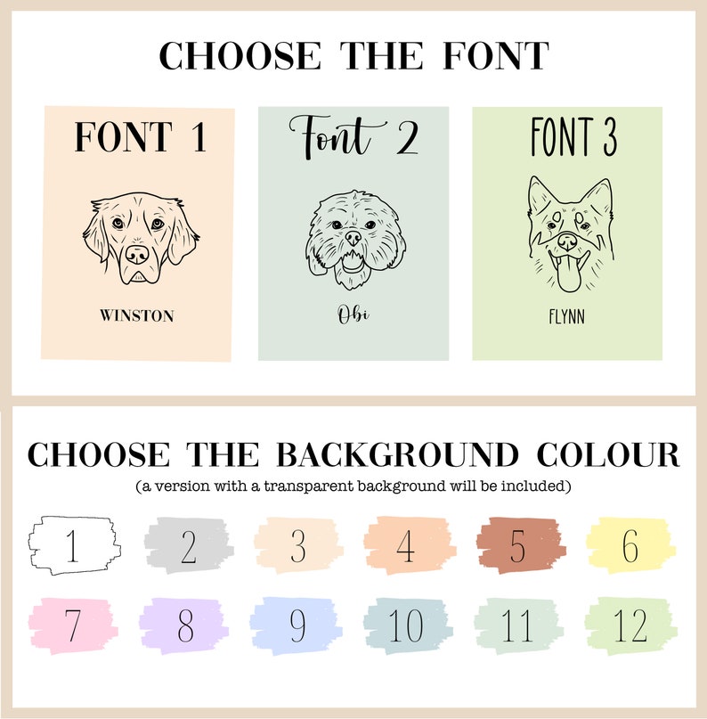 May include: A graphic design template for a pet portrait with three different font options and twelve background color choices. The image shows three dog portraits with the names Winston, Obi, and Flynn.