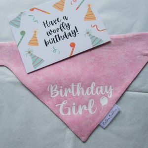 May include: Pink dog bandana with the text "Birthday Girl" and a small balloon graphic. A white card with the text "Have a wooffly birthday!" and a colorful party hat design is on top of the bandana.