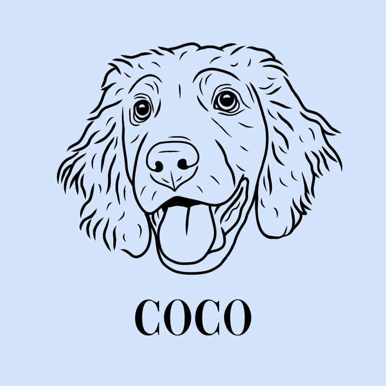 May include: Black and white line drawing of a dog's head with the name "Coco" written below.