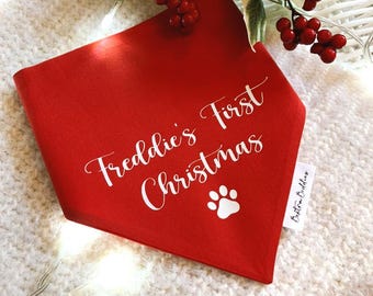 Dog's First Christmas Bandana, Custom Name Personalised Red Xmas Pet Accessory