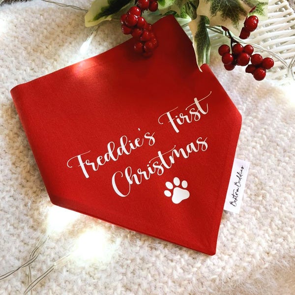 Dog's First Christmas Bandana, Custom Name Personalised Red Xmas Pet Accessory