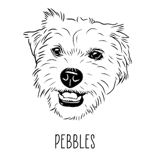 May include: Black and white line drawing of a dog's head with the name "Pebbles" written below.