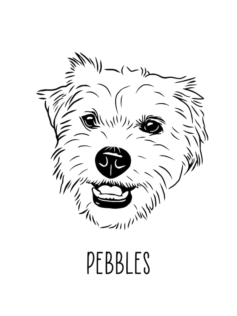 May include: Black and white line drawing of a dog's head with the name "Pebbles" written below.