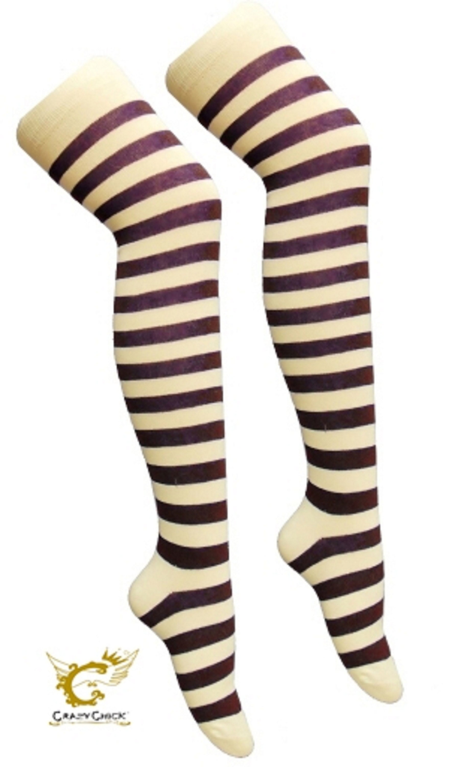 purple and white striped knee high socks