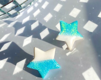 Two-tone glitter star studs | Available in blue and white, and green and white | handmade polymer Clay resin earrings