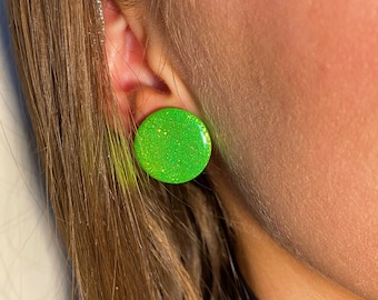 Glitter resin blue and green circle stud earrings | Handmade polymer Clay earrings