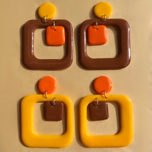 1970’s inspired retro square dangle earrings in orange, yellow, and brown | Handmade polymer clay geometric earrings