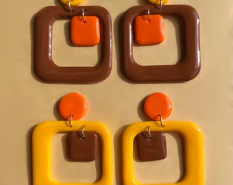 1970’s inspired retro square dangle earrings in orange, yellow, and brown | Handmade polymer clay geometric earrings