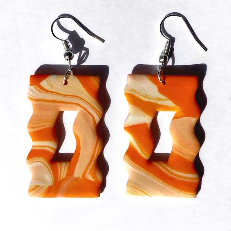 Orange marble wavy polymer clay earrings image 2