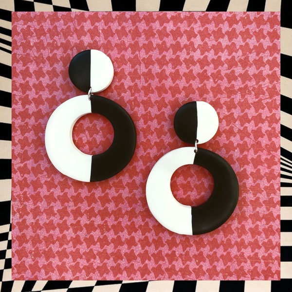 1960’s inspired two tone black and white polymer clay earrings