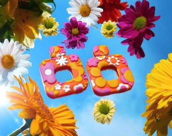 The Flower Child | Handmade polymer clay earrings | Retro 60s and 70s flower power lightweight square dangle earrings with detailing