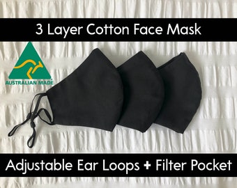 Black Cotton Face Mask Australian Handmade with Adjustable Ear Loops - 3 Layers with Filter Pocket